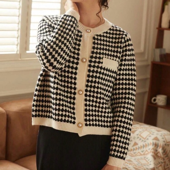 Knit Mix Elegant Knit French Cardigan, Plaid Pattern Pearl Button Front Sweater - Picture 4 of 11